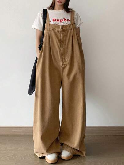 少女 Y2K 卡其色水洗口袋超大宽松阔腿休闲牛仔男友连体裤，适合秋冬、阔腿牛仔裤、商务休闲装、女孩返校节街头服饰