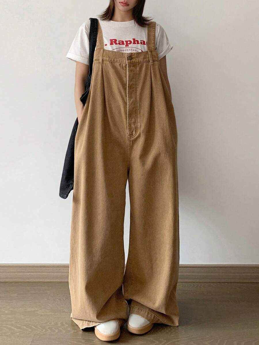 Bộ đồ liền thân denim ống rộng rộng rãi, màu kaki, có túi, dáng rộng, dáng rộng, phong cách công sở, trang phục dạo phố dự tiệc trở lại trường cho bé gái tuổi teen - Màu Khaki - Xem 1