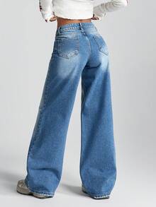 WOMEN WIDE LEG LOW WAIST JEANS Low Rise Jeans Womens Jeans Cotton Jeans Loose Jeans Wide Leg Jeans - Medium Wash - View 2