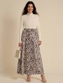 SHEIN LUNE 女士纯色拼布立领长袖休闲长裙 - 彩色 - 查看 1