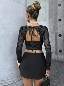 Glamine 女式甜心领花朵植绒网眼荷叶边长袖短款修身时尚衬衫 - 黑色 - 查看 2