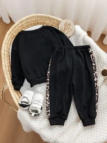 女婴可爱拼色豹纹卫衣和裤子套装，秋冬 - 彩色 - 查看 2