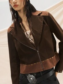 Easelle Áo khoác da lộn tua rua đinh tán cổ điển dành cho nữ - Nhiều màu - Xem 6