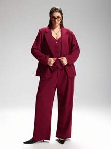 LYSMO 大码纯色有领背心和裤子套装 - 酒紅色 - 查看 3