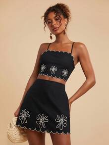 Travachic Conjunto de 2 piezas de top de camisola con dobladillo curvo y bordado floral, y minifalda - Negro - Ver 1