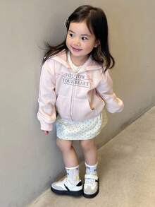 DAZY 女宝宝蝴蝶结刺绣连帽卫衣，休闲韩版长袖套头衫，秋冬 - 藕粉色 - 查看 4