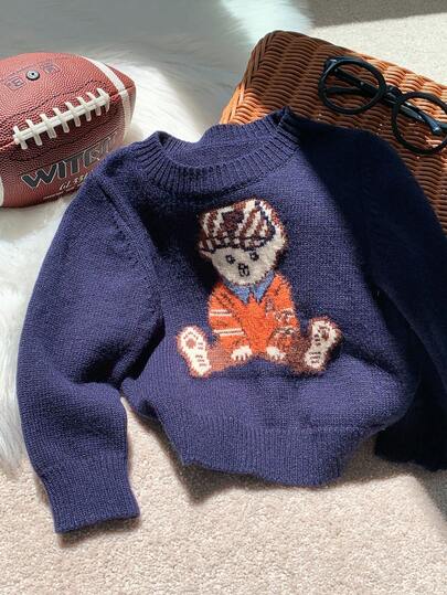 SHEIN Cute Unisex Baby Cartoon Bear Pattern Long Sleeve Navy Blue Sweater, Casual & Versatile For Autumn/Winter Fall