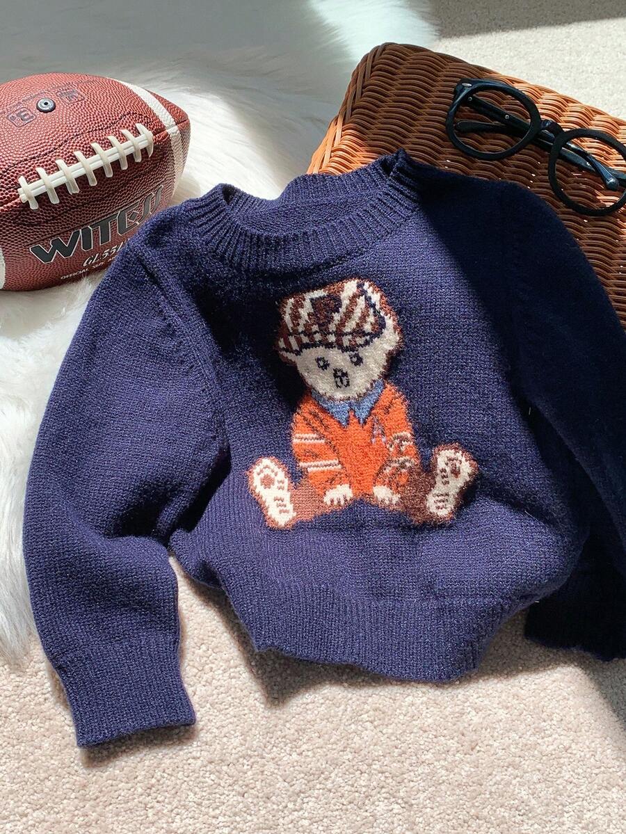 SHEIN 可爱男女宝宝卡通熊图案长袖海军蓝毛衣，休闲百搭，适合秋冬 - 彩色 - 查看 1
