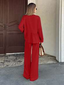 Cloudara WOMEN TWO PIECES OUTFIT WITH TIE KNOT DETAILED - Red - View 2