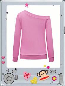 Paul Frank X ROMWE Women's Letter Print Asymmetric Collar Long Sleeve T-Shirt With Pocket - Pink - View 2