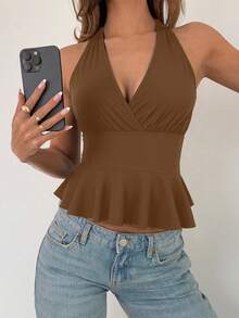 Rafferiza Women's V-Neck Ruffle Trim Sleeveless Camisole Top, Fitted Waist, Suitable For Spring, Music Festivals - Coffee Brown - View 4