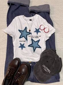 Attitoon 休闲圆领短袖修身女式 T 恤，适合夏季，复古风格，34% 棉，星星印花，Y2K 美学 - 白色 - 查看 2