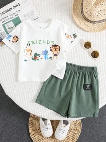 SHEIN 2 件套男婴/女婴休闲可爱蜡笔动物印花宽松圆领针织上衣 T 恤和短裤套装，适合春夏季穿着