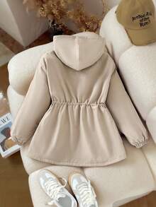SHEIN Tween Girl Loose Casual Minimalist Comfortable Hooded Cinched Waist Contrast Zipper Decor Fleece Jacket, Autumn/Winter Fall - Khaki - View 3