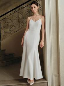 Anewsta 性感细肩带珍珠链露背美人鱼下摆连衣裙，海滩度假风格 - 白色 - 查看 5