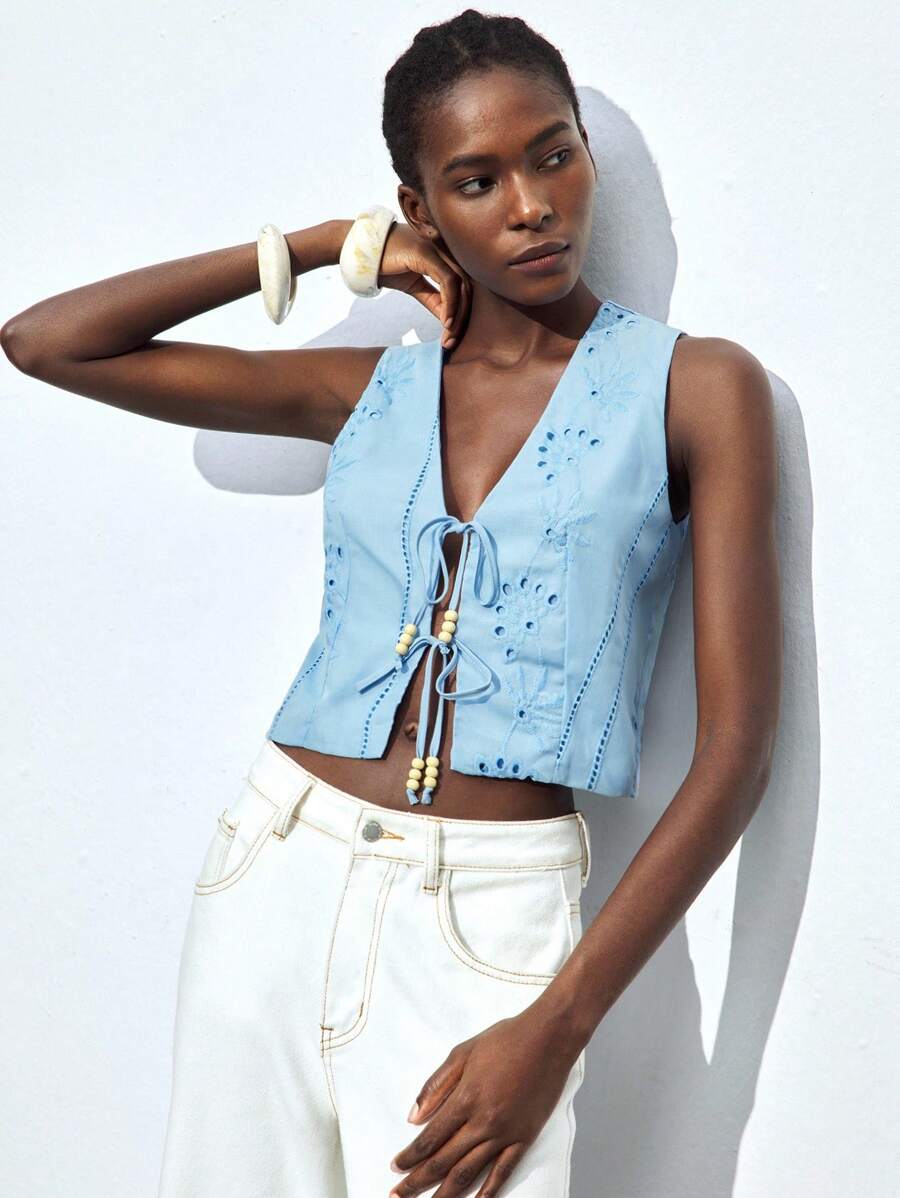 Maija Women's V-Neck Burnout Textured Embroidered Front Tie Pearl Decor Camisole, Urban Business Casual Chic, Suitable For Music Festivals, Halloween, Christmas, Parties, Bohemian Vacation, Cold Shoulder Top Casual Blouses For Women - Blue - View 1
