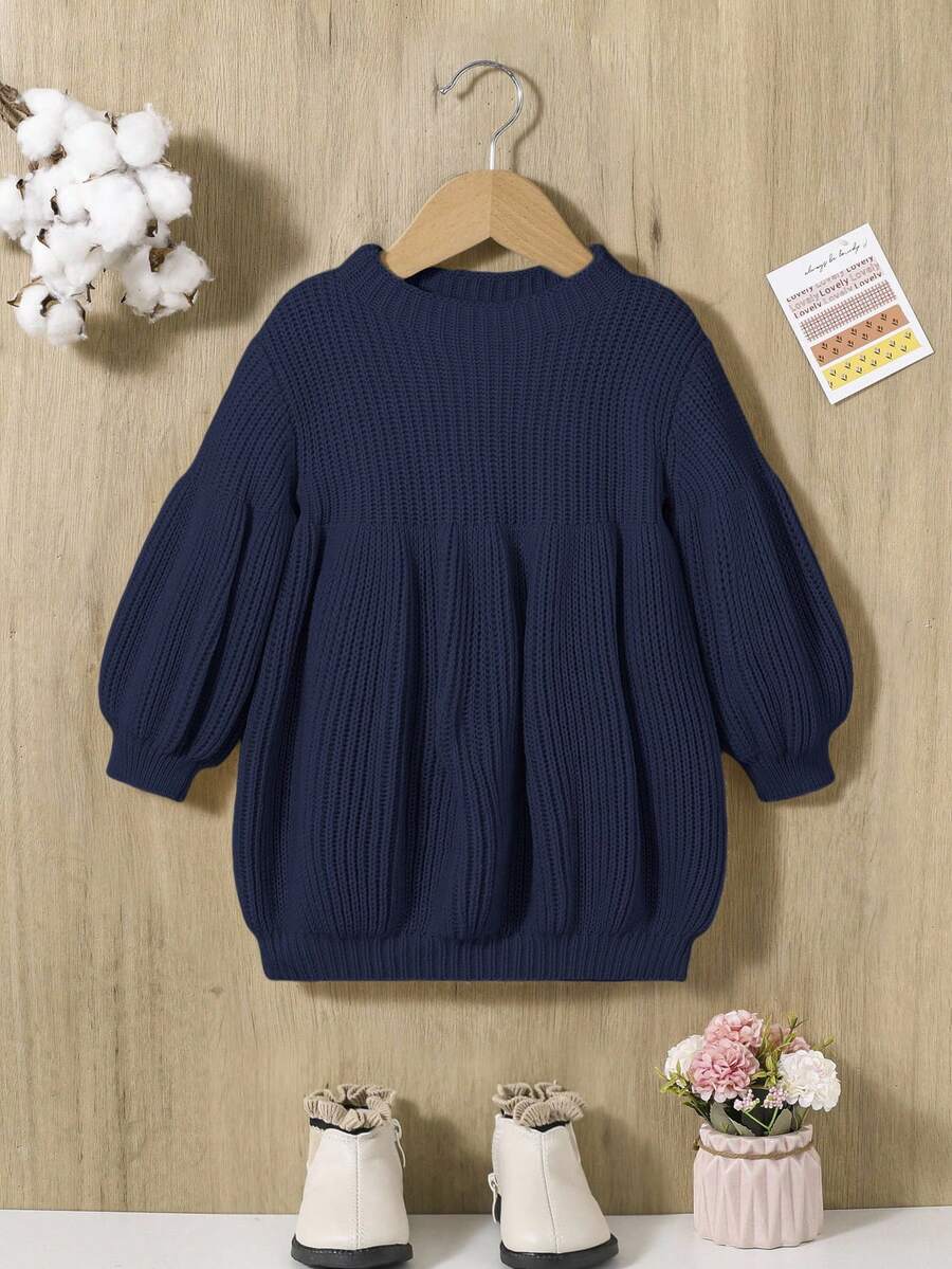 SHEIN Infant Casual Loose Long Sleeve Fluffy Sweater Dress Navy Baby Sweater Baby Girl Sweater Baby Solid Knit Sweater Baby Knitted Sweater Puffed Sleeve Baby Sweater Fall Winter - Navy Blue - View 1