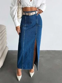 SHEIN Cottnline Chân váy denim dài xẻ tà phía trước lưng thấp - Rửa trung bình - Xem 6