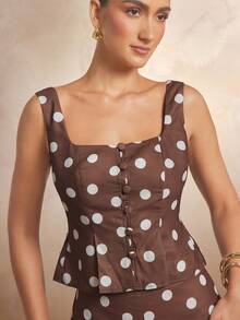 L'Amorae Women Brown Polka Dot Pleated Low Scoop Neck Sleeveless Vest Vintage Elegant, Vacation, Casual