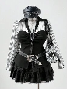 Sunspun 大码条纹撞色长袖修身休闲衬衫，适合上学、工作、优雅约会和聚会 - 黑色 - 查看 1