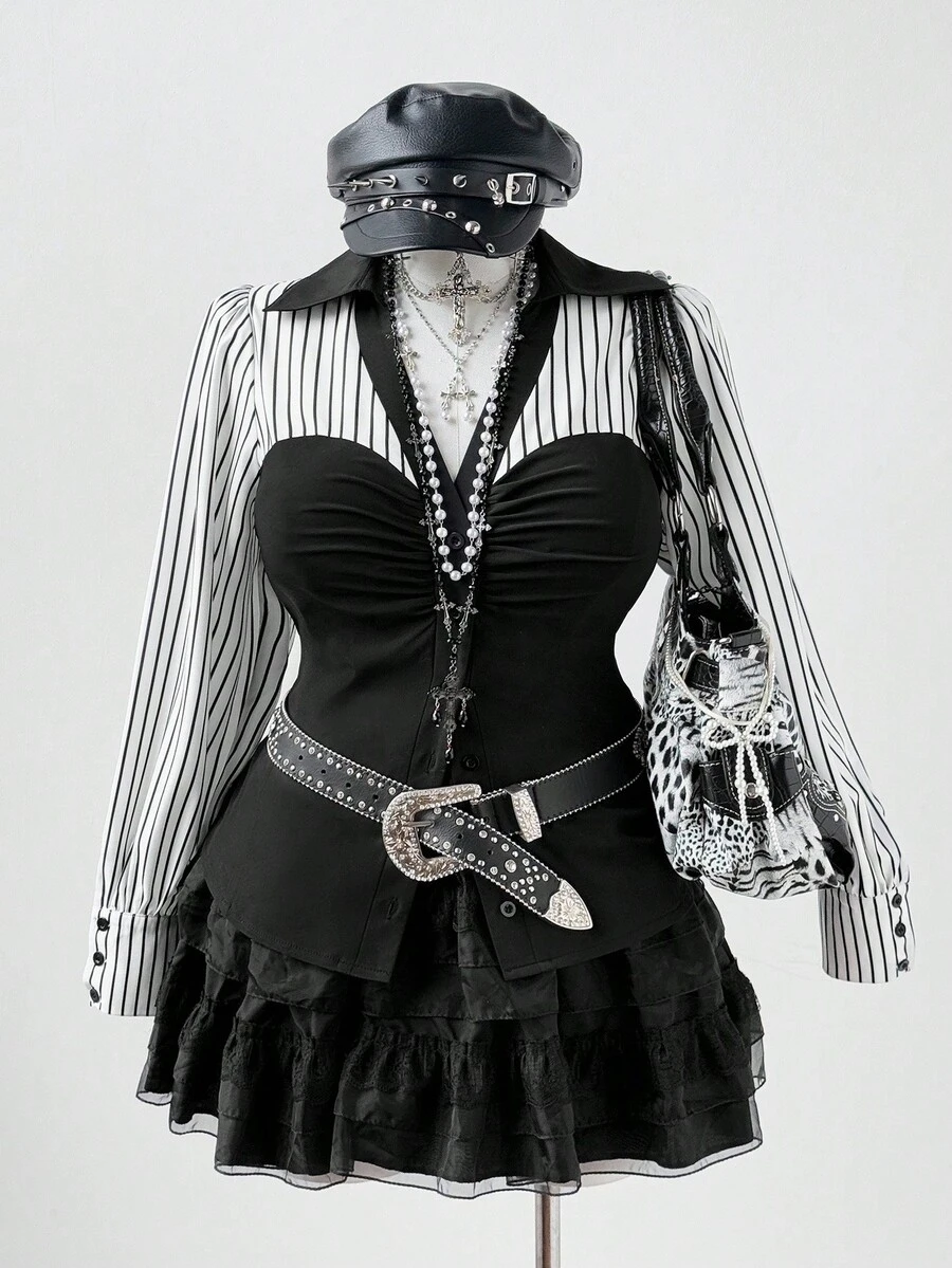 Sunspun 大码条纹撞色长袖修身休闲衬衫，适合上学、工作、优雅约会和聚会 - 黑色 - 查看 1