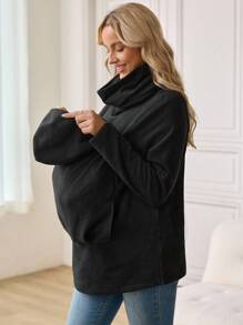 SHEIN Maternity Solid Color Cowl Neck Raglan Sleeve Long Sleeve Casual Sweatshirt, Autumn - Black - View 4