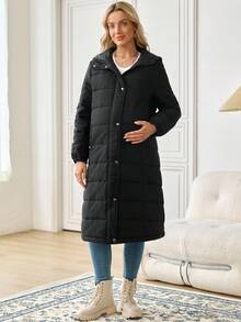 SHEIN 孕妇纯色长袖拉链长款连帽休闲冬季夹克 - 黑色 - 查看 4