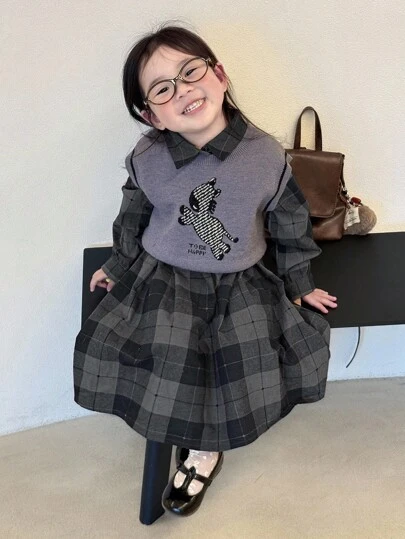 DAZY 女婴格子连衣裙，荷叶边下摆，韩版长袖毛衣和无袖卡通马背心两件套，秋冬幼儿女童服装