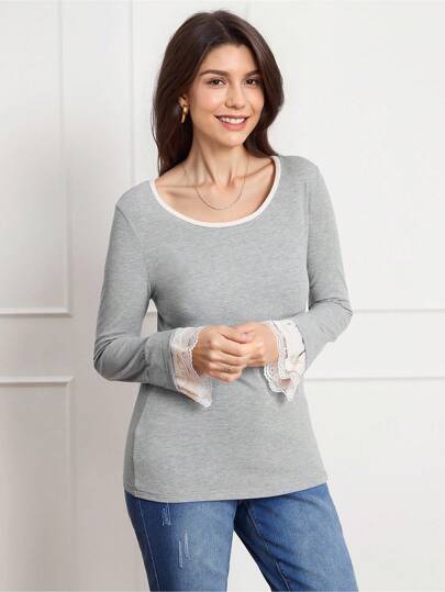 SHEIN LUNE Camiseta de punto waffle de cuello en V y hombros caídos en color liso de primavera