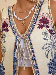 SHEIN VCAY Plus Size Casual Vacation Tropical Plant Hand-Drawn Line Print Tie-Up Loose Women Vest