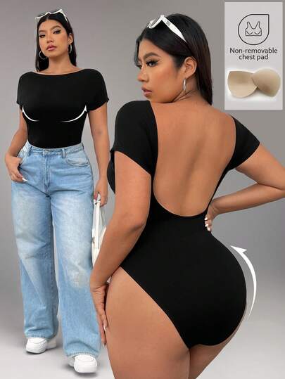 SHEIN EZwear 大码女式透气针织面料休闲无袖露背T恤紧身衣，内置胸罩，适合日常穿着，夏季