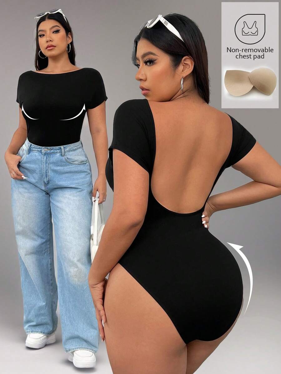 SHEIN EZwear 大码女式透气针织面料休闲无袖露背T恤紧身衣,内置胸罩,适合日常穿着,夏季 - 黑色 - 查看 1