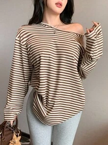 DAZY 女士宽松休闲条纹拼色长袖T恤，基本款长款上衣，适合秋季、春季和夏季 - 巧克力棕 - 查看 3