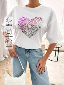 RueChic Casual Minimalist Sequin Heart Graphic Loose Fit Women Short Sleeve T-Shirt, Seasonal T-Shirt Woman