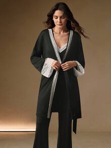 Anewsta 3件套优雅蕾丝拼接女士睡衣套装，适合假日和冬季穿着 - 黑色 - 查看 5