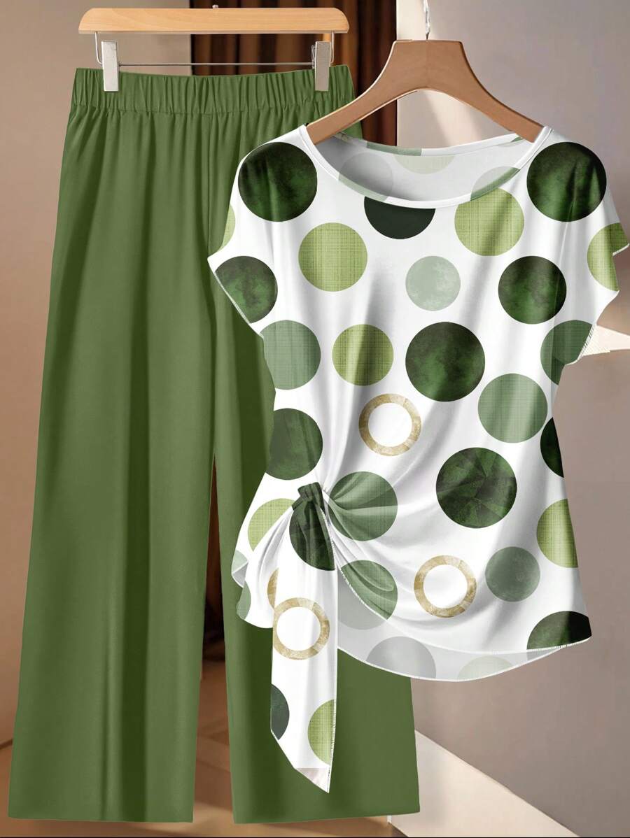 EMERY ROSE 2pcs Plus Size Polka Dot Print Tie-Up Shirt And Pants Set, Casual Autumn,Flower/Spring/Summer/Vacation - Multicolor - View 1