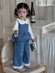 DAZY 2pcs Baby Girls' Casual Butterfly Print Denim Set, Crew Neck Fall/Winter Toddler Girls Clothes - Blue - View 6