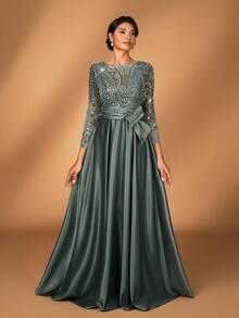 Serin Elegante y lujoso vestido de manga larga transparente con bordado de encaje floral, perlas y lazo con diamantes, con vuelo. Adecuado para boda, fiesta, vacaciones, baile de graduación, vestido de noche para novia, madre de la novia