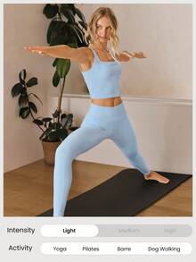 GLOWMODE FeatherFit™ Ribbed Flex Soft Square Neck Sports Bra Low Impact Yoga Pilates Studio Daily Casual Wear Removable Cups Fall Winter - Baby Blue - View 6