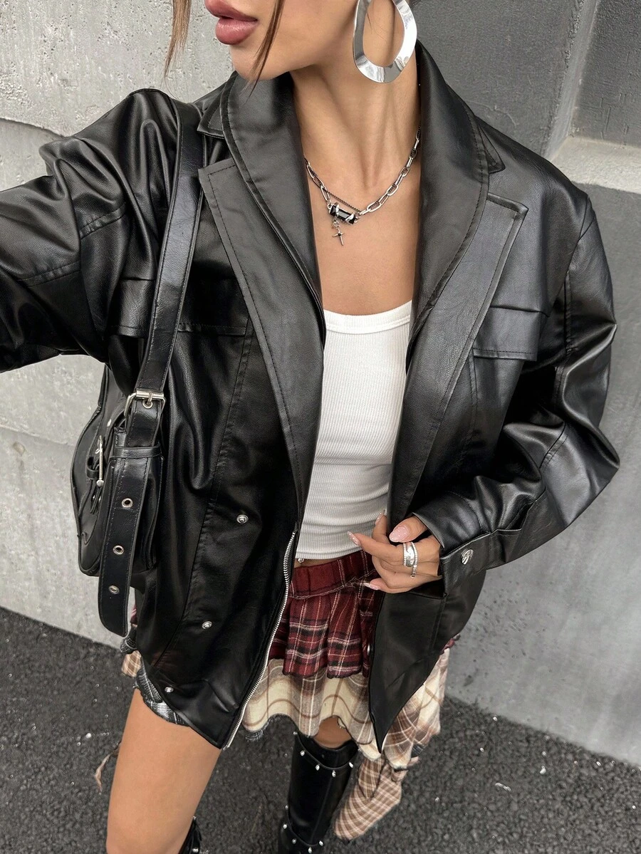 SHEIN ICON Áo khoác da PU cổ kép 2 trong 1 giản dị Áo khoác da đen Áo sơ mi da đen Áo khoác da đen cho nữ Áo sơ mi da cài nút màu đen Áo khoác da giả cho mùa thu/đông - màu đen - Xem 1