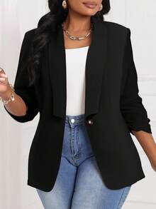 SHEIN Lady CURVE Áo khoác len cổ lọ màu đen thanh lịch cho công sở đi làm mùa xuân và mùa hè, tay dài ba phần tư, cỡ lớn, dáng rộng - màu đen - Xem 4