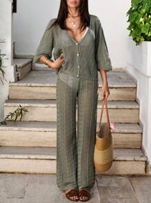 SHEIN Tall 女式高腰两件套钩针沙滩装套装 - 短袖纽扣上衣和高腰半身裙