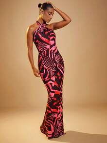 Hauture Animal Print Cross Halter Maxi Dress - Rust Brown - View 6