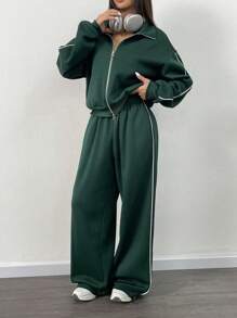 INAWLY Set de chaqueta y pantalones casual con bloques de color y ribetes, para otoño/invierno - Verde Oscuro - Ver 4