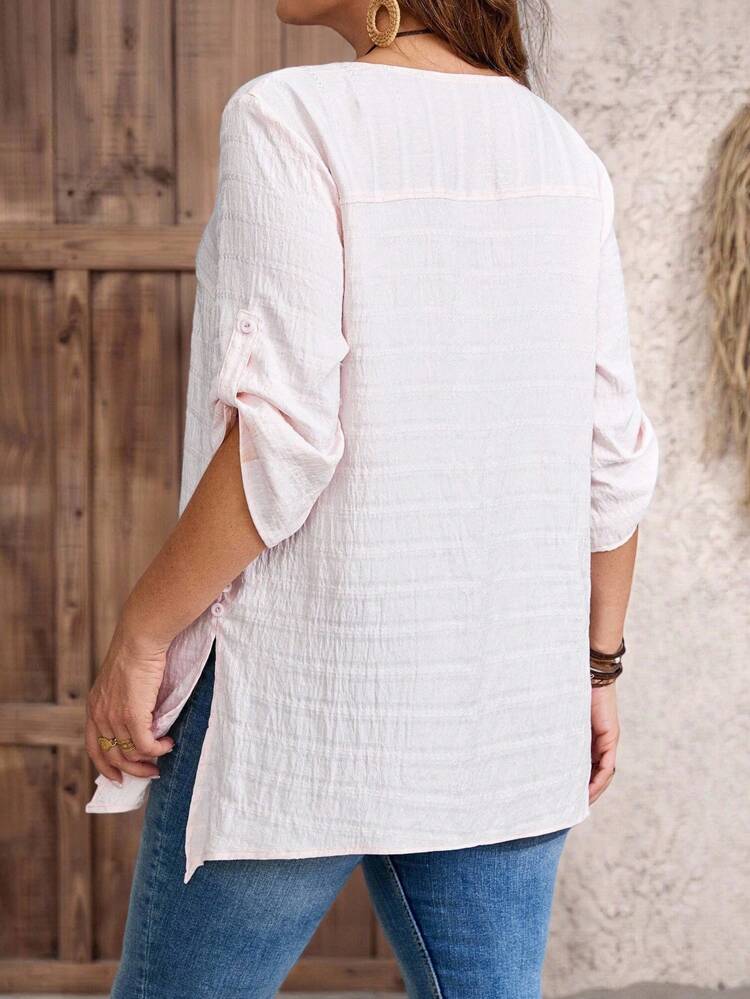 Plus Size Women's Light Pink Color Round Neck 3/4 Sleeve Casual Loose Blouse, Summer For Women,Vacation For Women,Holiday Boho,Autumn,Fall