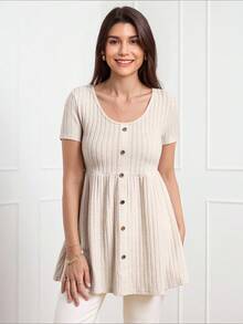 Miaspire 女士纯色前扣短袖休闲 T 恤，日常穿着