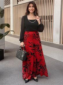 SHEIN LUNE 情人节女士优雅花卉印花长裙，秋季情人节 - 紅色 - 查看 1