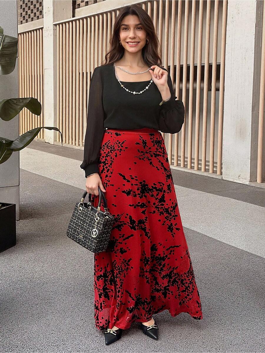 SHEIN LUNE 情人节女士优雅花卉印花长裙，秋季情人节 - 紅色 - 查看 1