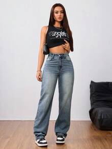 SHEIN Tall 女式高腰男友牛仔裤，褪色浅蓝色水洗 Y2K 风格牛仔裤 - 深色水洗藍 - 查看 4