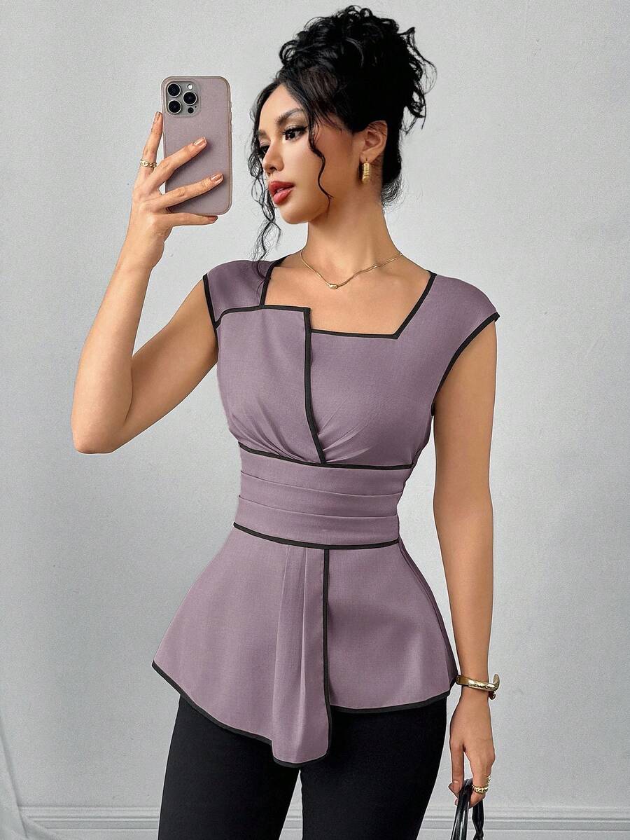SHEIN Clasi 女士优雅通勤撞色饰边腰部衬衫，夏季 - 紫色 - 查看 1